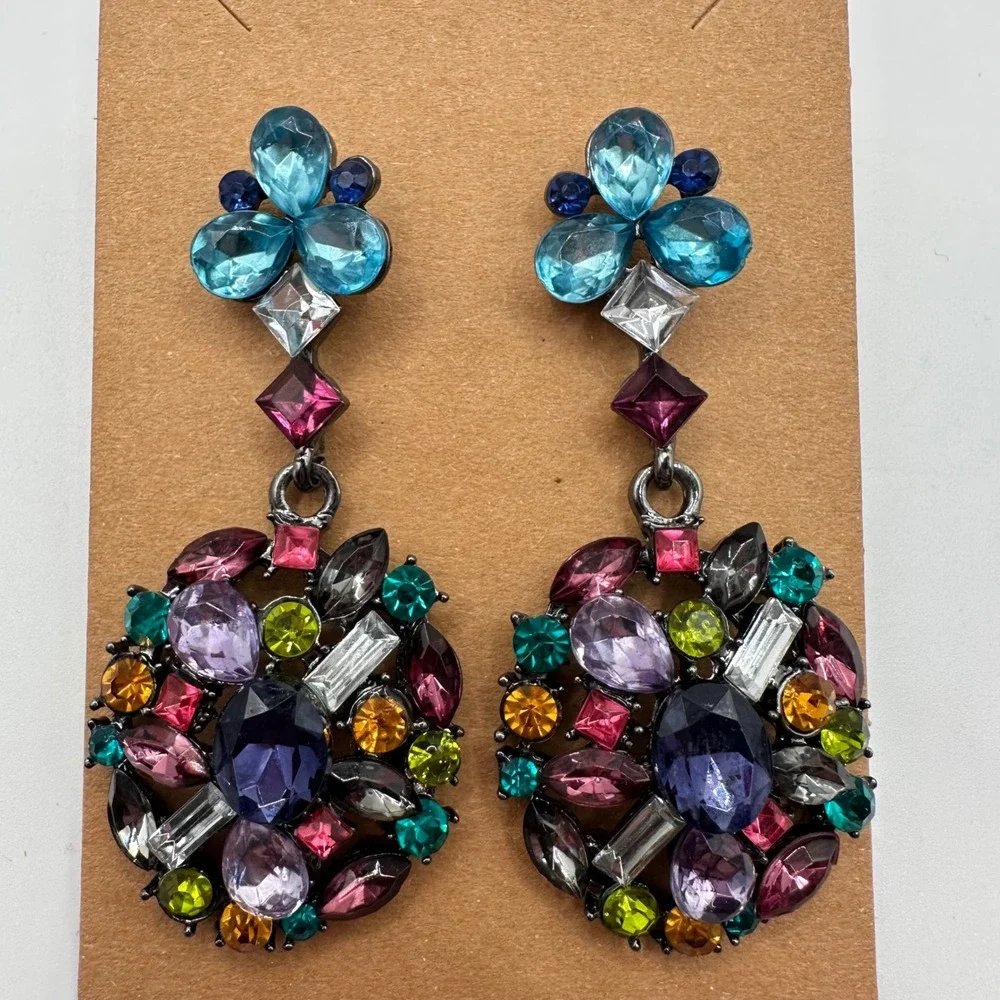 VTG Multi Color Rhinestone Statement Drop Earrings Gunmetal Tone Jewel Cluster